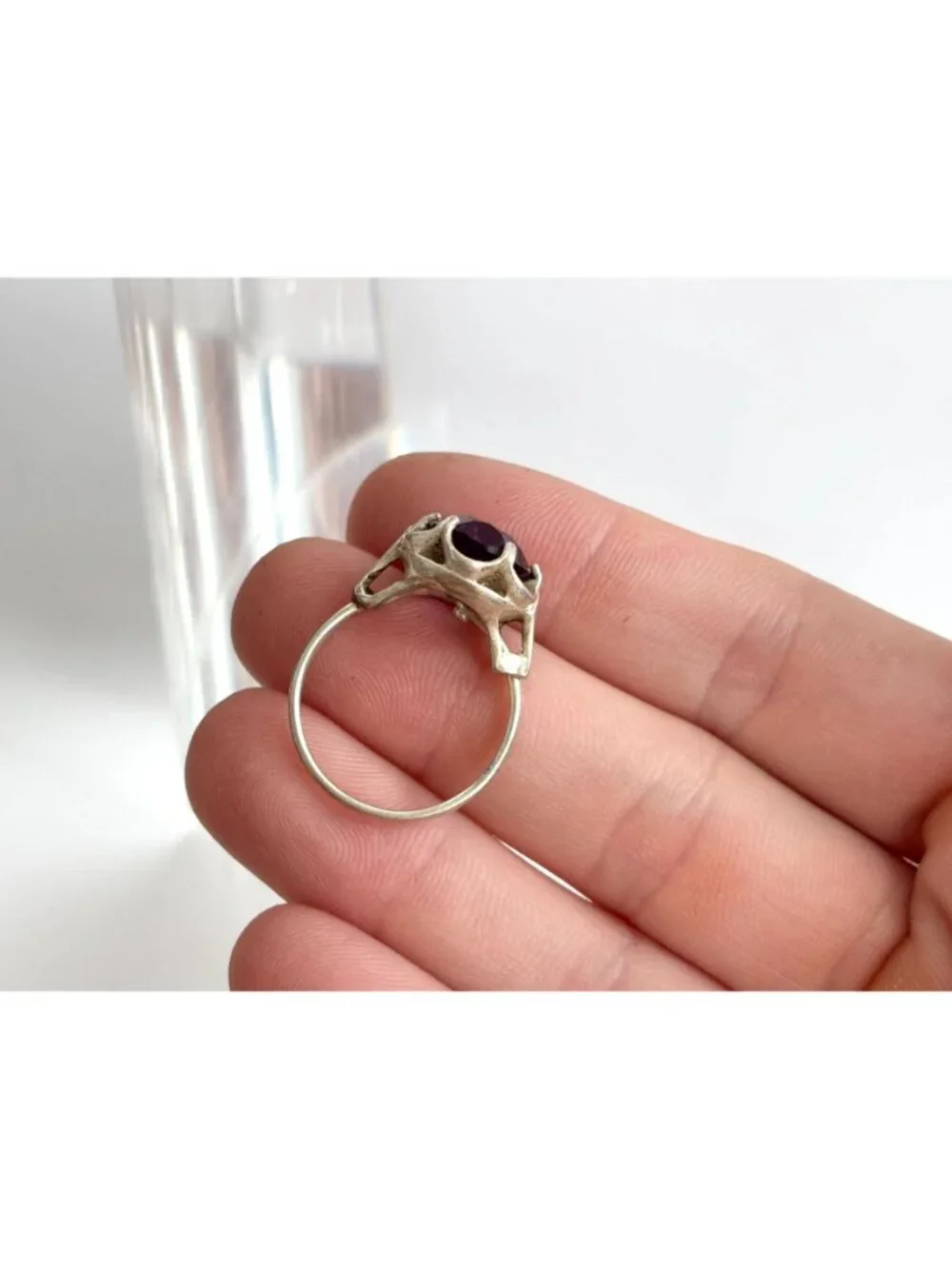 Amethyst Gemstone Scalloped Floral Sterling Silver 925 Vintage Ring - sz 7.5